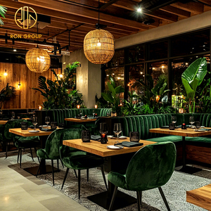 ชุดเฟอร์นิเจอร์ร้านอาหาร Ron Group ประกอบด้วยเก้าอี้บูธสั่งทำพิเศษพนักพิงสูง โต๊ะไม้เนื้อแข็งทรงสี่เหลี่ยม และเก้าอี้กำมะหยี่แบบกำหนดเอง - Product Image 1
