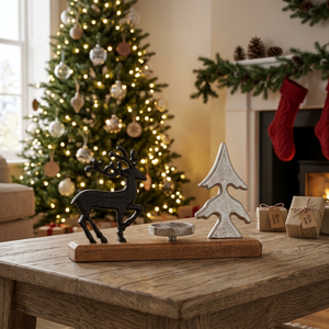 Décoration de Noël Noir Renne Sculpture Argent Arbre De Noël Figurine Photophore Bougeoir Base En Bois Usine Personnalisée - Product Image 1