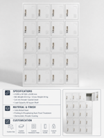 Armoire de rangement en acier à 20 portes, en acier laminé à froid, revêtement poudré, ventilée, capacité de charge de 50 kg par étagère, pour bureau, école, usine, entrepôt