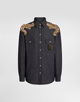 Chemise en jean Y2K noire délavée pour homme, style streetwear, avec broderies et patchwork sur le devant et le dos, collection 2026