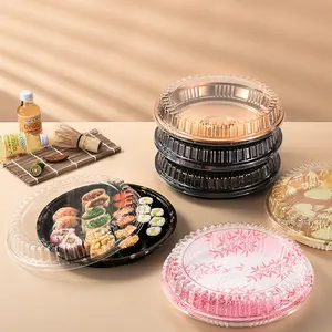Nampan makanan cepat nampan Sushi kemasan kotak piring lingkaran nampan dengan tutup Makanan Cepat nampan sushi plastik bundar sekali pakai