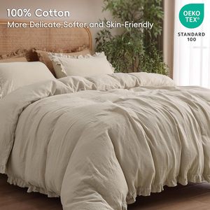 Lujoso juego de funda nórdica de 3 piezas de muselina de algodón 100%, bordes con volantes <span class=keywords><strong>Beige</strong></span>, suave y transpirable para decoración elegante de dormitorio - Product Image 4