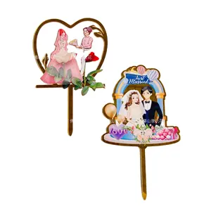 En gros Double Saint Valentin acrylique carte à gâteau décoration de gâteau personnalisé mariée et marié fournitures de mariage fête roses blanches