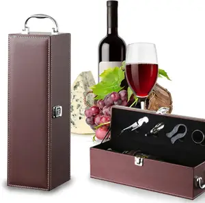 Caja de botella individual con juego de accesorios para vino, caja de vino de cuero portátil caja de almacenamiento de vino de regalo Paquete de botella con asa