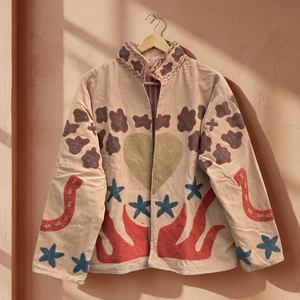 Hand Embroidered Corduroy <b>Jacket</b> With Floral And Star Pattern <b>Mandarin</b> <b>Collar</b> Full Sleeve Autumn Women's Prairie Chic Style - Product Image 1