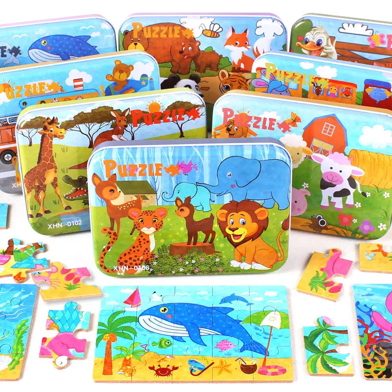 Cute Cartoon Children Safety Toys Animals Farm Theme Jigsaw Puzzles in a Metal Box