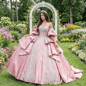 Vestido de Quinceañera Rosa Wx32 con Cuentas, Vestidos de 15 Años con Lentejuelas, Vestidos de Gala para Instagram, Apliques de Encaje, Vestido de Princesa Largo hasta el Suelo - Product Image 1