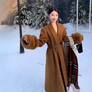 OUDINA inverno polsini in pelliccia di volpe rimovibile con risvolto doppio lato <span class=keywords><strong>lungo</strong></span> <span class=keywords><strong>lungo</strong></span> <span class=keywords><strong>Trench</strong></span> cappotto di lana da donna - Product Image 2