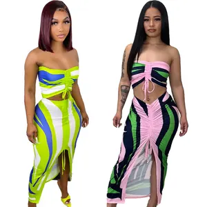 Summer Sexy Print Tube Top Striped Print Strapless Drawstring Women Crop Tops Ladies Pencil Skirts Lace Up Skinny Two Piece Set