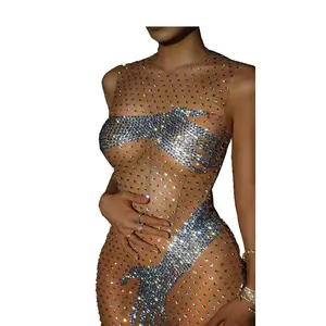 New Silver Hands Party Outfit Sparkly Fashion Handmade Crystal Mini Dress For Women