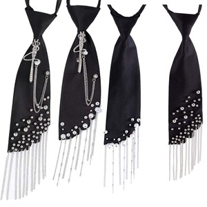 Corbata de satén negra con diseño de corona, espada, cadena y borlas de perlas, no es necesario atar. - Product Image 5