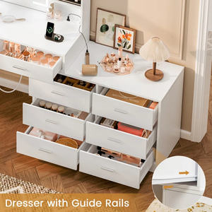 Espejo con luz LED Toma de corriente Esquina moderna Escritorio de tocador con 8 cajones Estantes abiertos Tocador Dormitorio Sala de maquillaje - Product Image 5