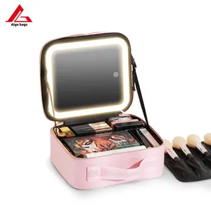 Durable Pu Leather Handbag Travel Makeup Bag Case With Led Light Mirror Cosmetic Bags For Storing Makeup Box