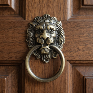 Battant de porte en fonte noire antique en forme de tête de lion avec finition en laiton antique - Product Image 3