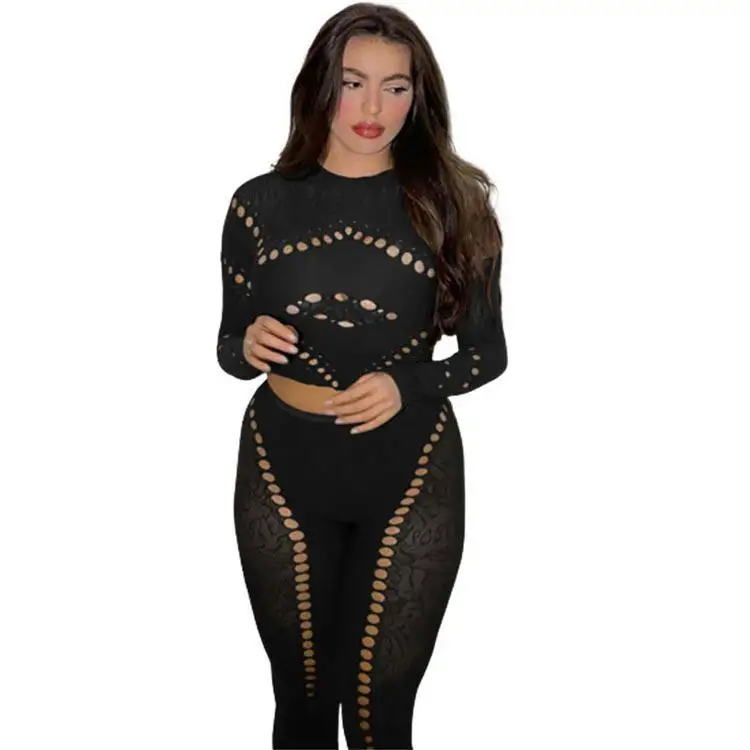 Fall women's clothing new arrivals sexy round neck hollow-out tight top high waist see-through casual trousers suit