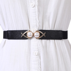Pearl Dress Elastic Belt Frauen Sweet Thin PU Leder Damen gürtel Stretchy