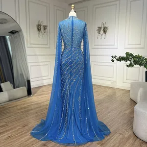 Cape Hill 2024 Dubai mavi Mermaid abiye pelerin kollu ve boncuklu dantel parti LA71885A için özelleştirilmiş