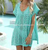 JINRU Robe de plage estivale personnalisée pour femme, une pièce, à manches courtes, motif floral, écologique, respirante, style crochet, cache-maillot décontracté