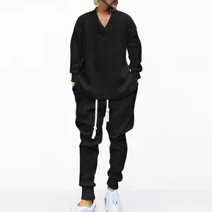 Men's Casual Autumn 2-Piece Set V-Neck Knitted Jacquard Sweater Drawstring Pant Suit Warm Solid Color Tracksuit