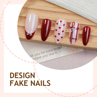 Faux ongles à presser bordeaux avec motif cœur, nœud et carreaux, style French Manucure, pour la Saint-Valentin et le nail art