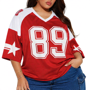 T-shirt en jersey à col en V pour femmes grandes tailles, rouge et blanc, numéro 89, style décontracté à manches trois quarts - Product Image 3