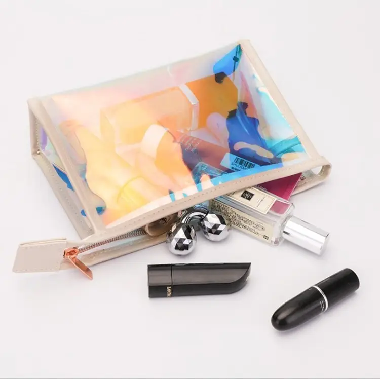 Bolsa de maquillaje holográfica con logotipo personalizado para mujer, neceser con cremallera de Metal, de PVC, transparente