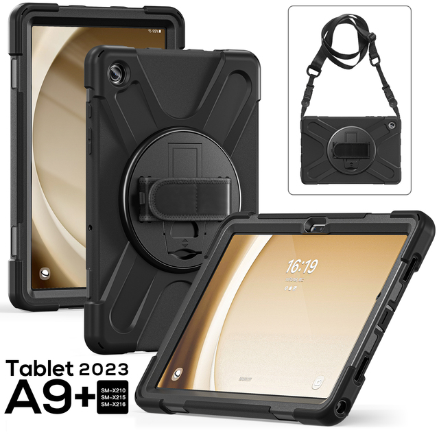 360 Degree Rotating Hard Plastic Shockproof Protective Tablet Case for Samsung Tab A9 Plus Featuring a Convenient Shoulder Strap