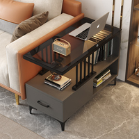 Table d'appoint moderne 80 cm de profondeur 30 cm de largeur avec tiroir et étagère Plateau en verre trempé pour salon Canapé Chevet