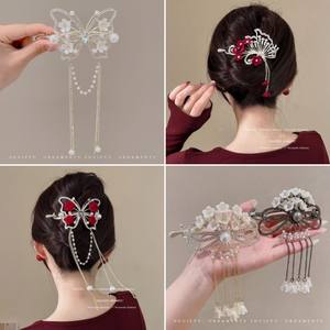 Barrettes à cheveux torsadées pour femme, en alliage <span class=keywords><strong>rouge</strong></span>, avec <span class=keywords><strong>fleur</strong></span> floquée et perles, pour l'automne et l'hiver - Product Image 2