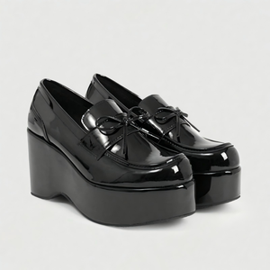 Mocasines de Plataforma con Tacón de Cuña de 9 cm para Mujer, en Charol Negro, con Volantes y Lazo, Estilo Gótico, Zapatos Chunky Harajuku Creepers para Damas - Product Image 2