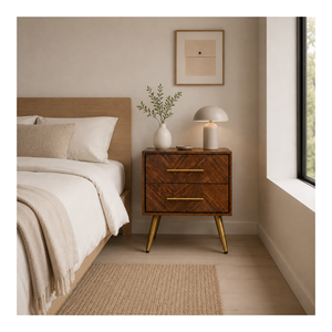 Table de chevet scandinave en bois à 2 tiroirs, design moderne, fournisseur direct OEM ODM, meubles de chambre à coucher sur mesure - Product Image 1