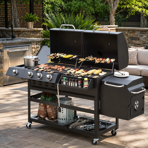 Parrilla de Carbón y Gas de Cuatro Quemadores de Hierro Fundido para Acampar al Aire Libre, Parrilla para Barbacoa con Ahumador Lateral con Acabado Revestido para Reuniones Familiares - Product Image 1