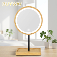 Miroir de maquillage LED en bambou écologique avec base de rangement dissimulée, rechargeable par Type-C, miroir de vanité rond pour les voyages et les dortoirs