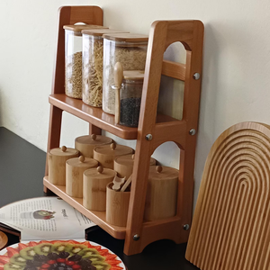 Modern Rustic Beech <strong>Wood</strong> Kitchen Shelf Wooden <strong>Countertop</strong> with 2 Ties Farmhouse Kitchen Organizer and Spice Rack - Product Image 4