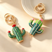 Porte-clés et accessoire de sac en alliage incrusté de diamants, style européen, fait main, motif cactus, frais et délicat