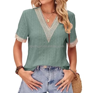 Camiseta de Verano <span class=keywords><strong>para</strong></span> Mujer, Nueva Moda, Cuello en V, Encaje, Talla Grande - Product Image 4