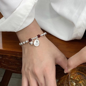S925 Sterling Silver Peace Charm <b>Bracelet</b> With Red Agate <b>Beads</b> For Women Gift Jewelry - Product Image 3