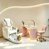 Table de manucure rose de luxe avec éclairage LED, poste de travail moderne double pour salon de manucure avec chaises pour techniciennes