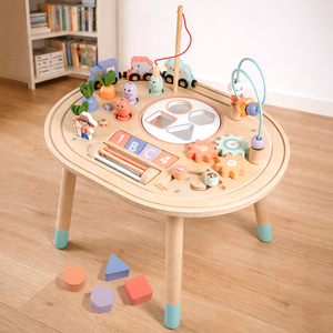 Table d'activités en bois en gros avec pêche magnétique, circuit de train, labyrinthe de perles, trieur de formes – Ensemble de jeu éducatif pour tout-petits certifié CE CPC - Product Image 4