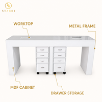 Table de manucure double pour salon de beauté avec armoires à tiroirs mobiles et deux postes de travail pour techniciennes