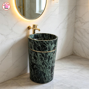 Lavabo sur pied en marbre vert naturel, lavabo autoportant en marbre vert avec incrustation dorée pour <span class=keywords><strong>salle</strong></span> <span class=keywords><strong>de</strong></span> <span class=keywords><strong>bain</strong></span> <span class=keywords><strong>de</strong></span> luxe - Product Image 1