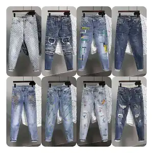 Calça jeans masculina casual com buraco para pintura, jeans elástica tendência rasgado, jeans magro para homens, jeans com rasgo, fo