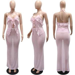 ชุดเซ็ต 2 ชิ้นสำหรับสาวพลัสไซส์ เสื้อสายเดี่ยวตาข่ายแต่งระบาย พร้อมกระโปรงยาวผ้าชีฟองซีทรู ชุดเที่ยวพักผ่อน - Product Image 3