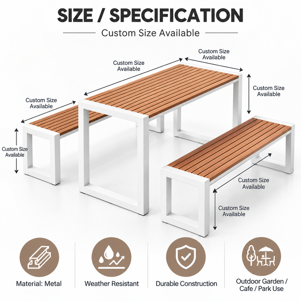 Outdoor Dining Table Set with 2 Benches, Metal Frame Wood-Look Tabletop ...
