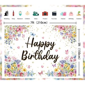 Fondo de fotografía de papel floral primavera 7x5FT personalizado para fiestas de cumpleaños de niñas con decoración de mariposas en Stock - Product Image 2