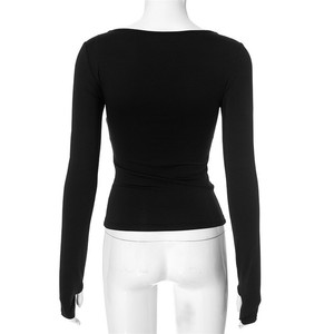 2025 primavera nuevas blusas básicas de fondo Sexy cuello cuadrado sobre los dedos Color sólido cintura delgada corta Slim Fit camiseta de tela de punto - Product Image 6