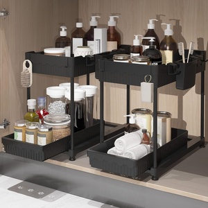 2-Tier Plastic PP Eco-Friendly Multifunction Sink Organizer Bathroom <b>Storage</b> Self Basket Pull-Out <b>Storage</b> Rack Hooks <b>Kitchen</b> - Product Image 1