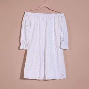 Vestido Boho Blanco con Hombros Descubiertos, Bordado Floral, Manga Abullonada Tres Cuartos, Mini Vestido Holgado con Cintura Elástica y Corte en A para Oficina - Product Image 3