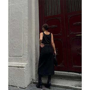 Modern <b>Black</b> Suede <b>Pencil</b> <b>Skirt</b> with Embroidered Slit Detail Formal Straight Style Made of Spandex Leather Plain Knitted Fabric - Product Image 2