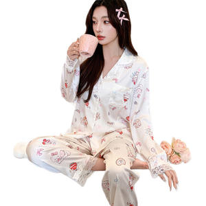 New Cute <b>Lace</b> Trim <b>Elastic</b> Waist Long Sleeve Pajama Set Soft Breathable Cartoon Print Lounge Wear Spring - Product Image 5